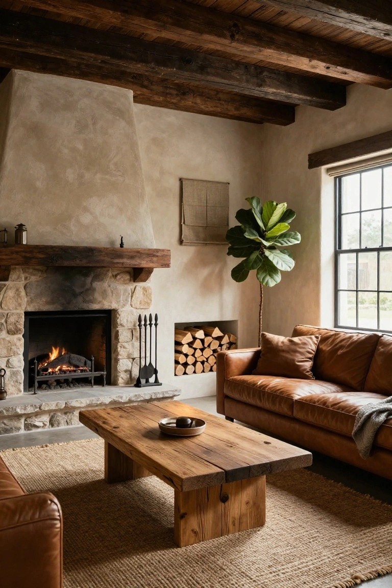Rustic living room interior with a stone fireplace, burning logs on a grate, stacked firewood niche, wooden beamed ceiling, brown leather L-shaped sofa, wooden coffee table, seagrass rug, and fiddle leaf fig plant by a window.