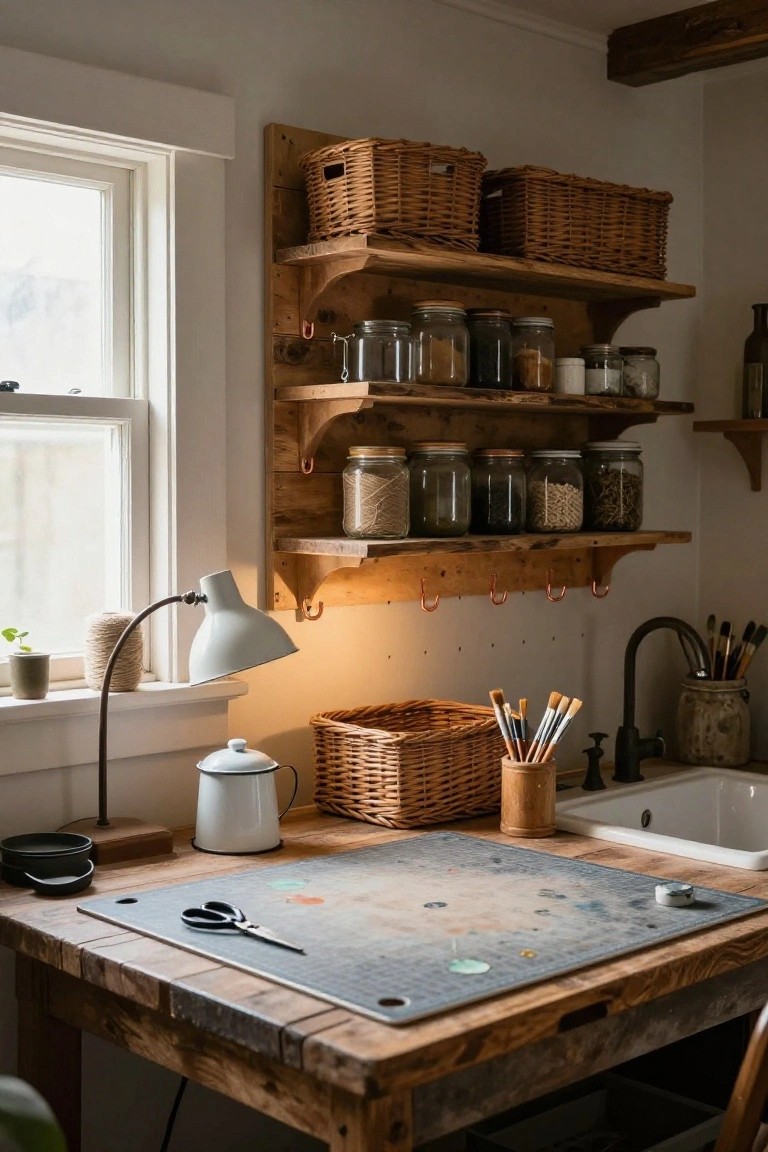 Wooden wall-mounted shelves in a rustic kitchen holding glass jars of spices and grains, wicker baskets, above a workbench with a gray cutting mat, scissors, and nearby sink.