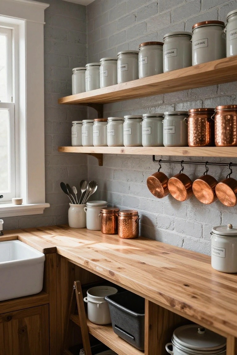 Corner kitchen view showing wooden floating shelves stocked with white labeled ceramic canisters, hammered copper pots hanging from a black rail, light gray brick backsplash, wooden countertop, and white farmhouse sink.
