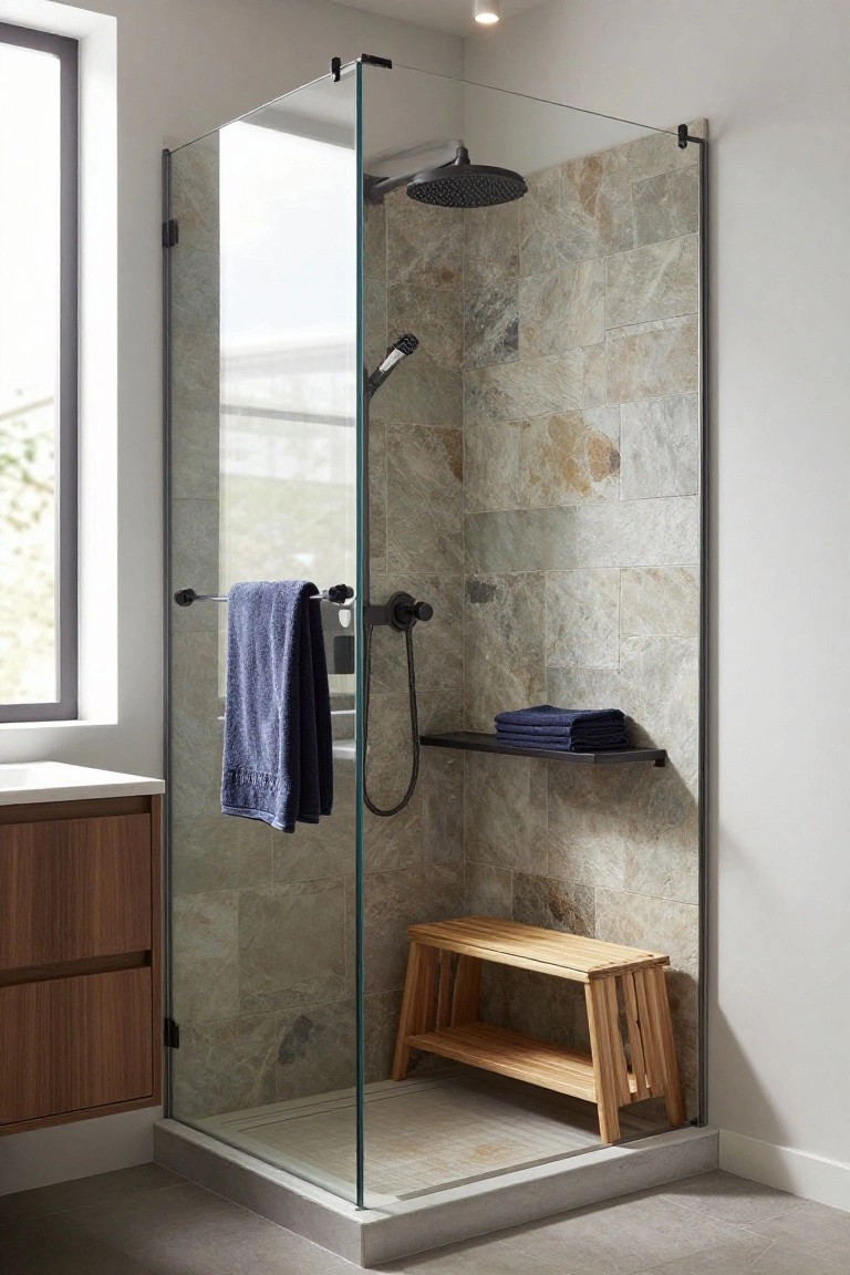 Corner frameless glass shower enclosure featuring beige stone tiles on walls, black metal fixtures including rainfall showerhead and handheld sprayer, blue towels on rail and shelf, slatted wooden bench, and adjacent wood cabinet vanity in a contemporary bathroom.