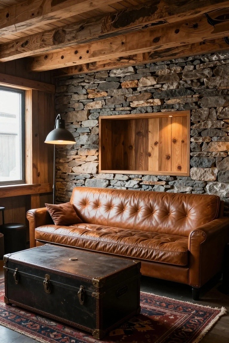 Rustic interior corner with tan tufted leather sofa, black vintage metal-bound trunk as coffee table, red and blue Persian rug, stone walls, wooden ceiling beams, arc floor lamp, and wall niche.
