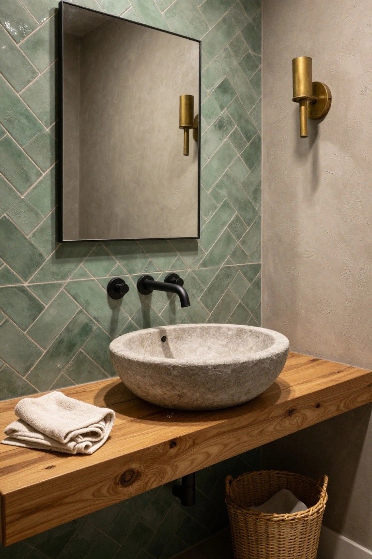 Bathroom with green herringbone tile walls, black-framed rectangular mirror, gold sconce light, matte black wall faucet, light gray stone vessel sink on wooden shelf countertop, white towels, and wicker trash bin.