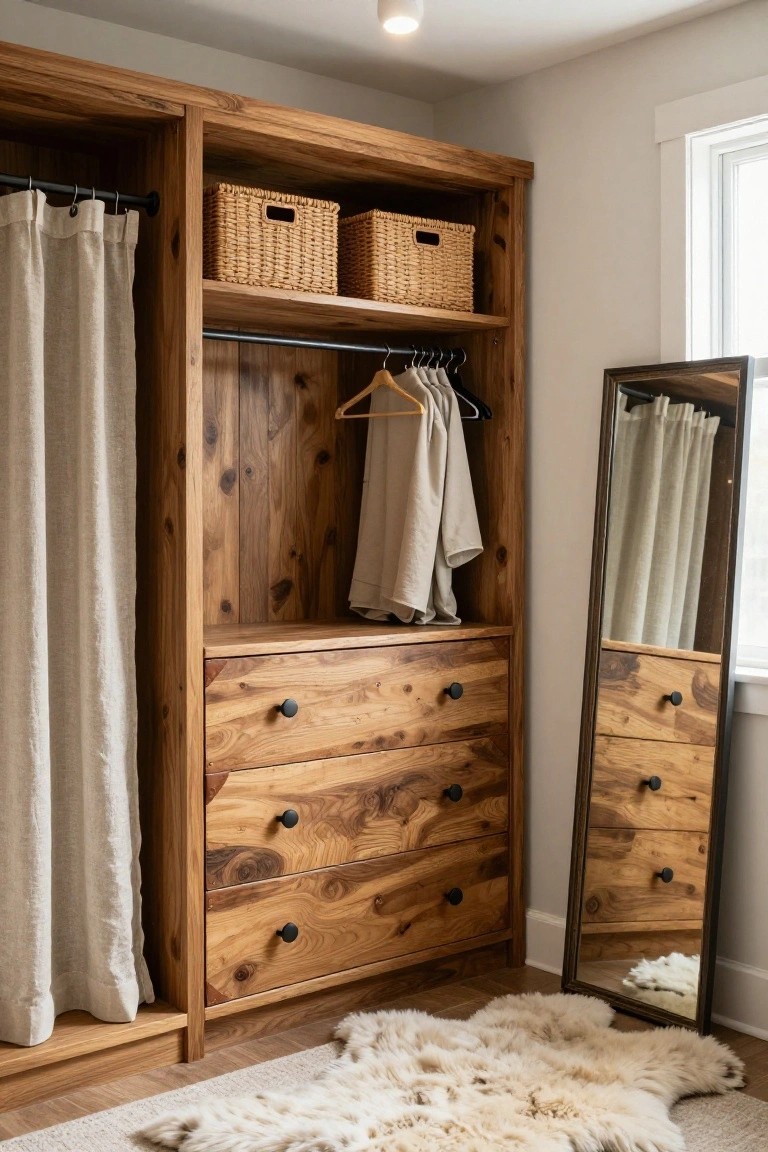Corner wooden wardrobe with open shelves holding two wicker baskets, hanging rod with beige clothes and shirts, three lower drawers with black knobs, sheer curtain on one side, full-length wood-framed mirror adjacent, and sheepskin rug on wood floor.