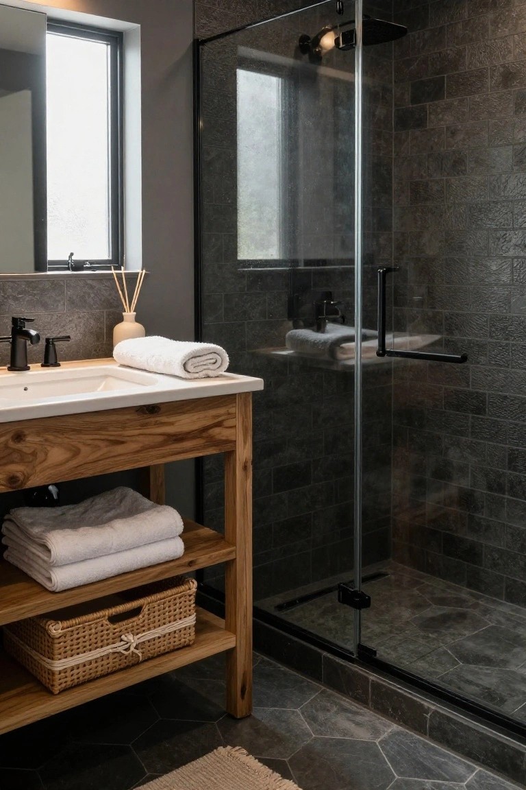 Modern bathroom with light wood vanity cabinet featuring open shelves holding white towels and a woven basket, dark slate tile walls and hexagonal floor tiles, glass shower enclosure, and reed diffuser on the sink counter.