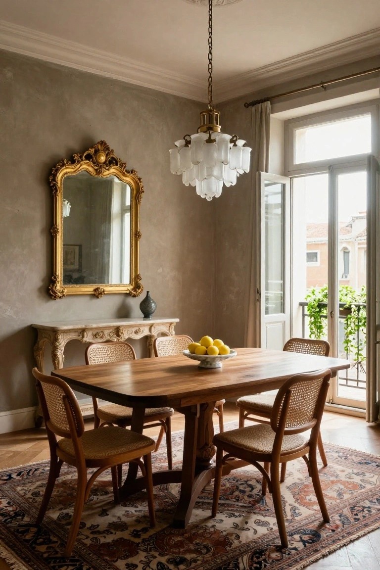 Dining room with rectangular wooden table and four rattan chairs, antique gold-framed mirror and carved console table on beige textured wall, white opalescent chandelier overhead, open French doors to balcony with plants.
