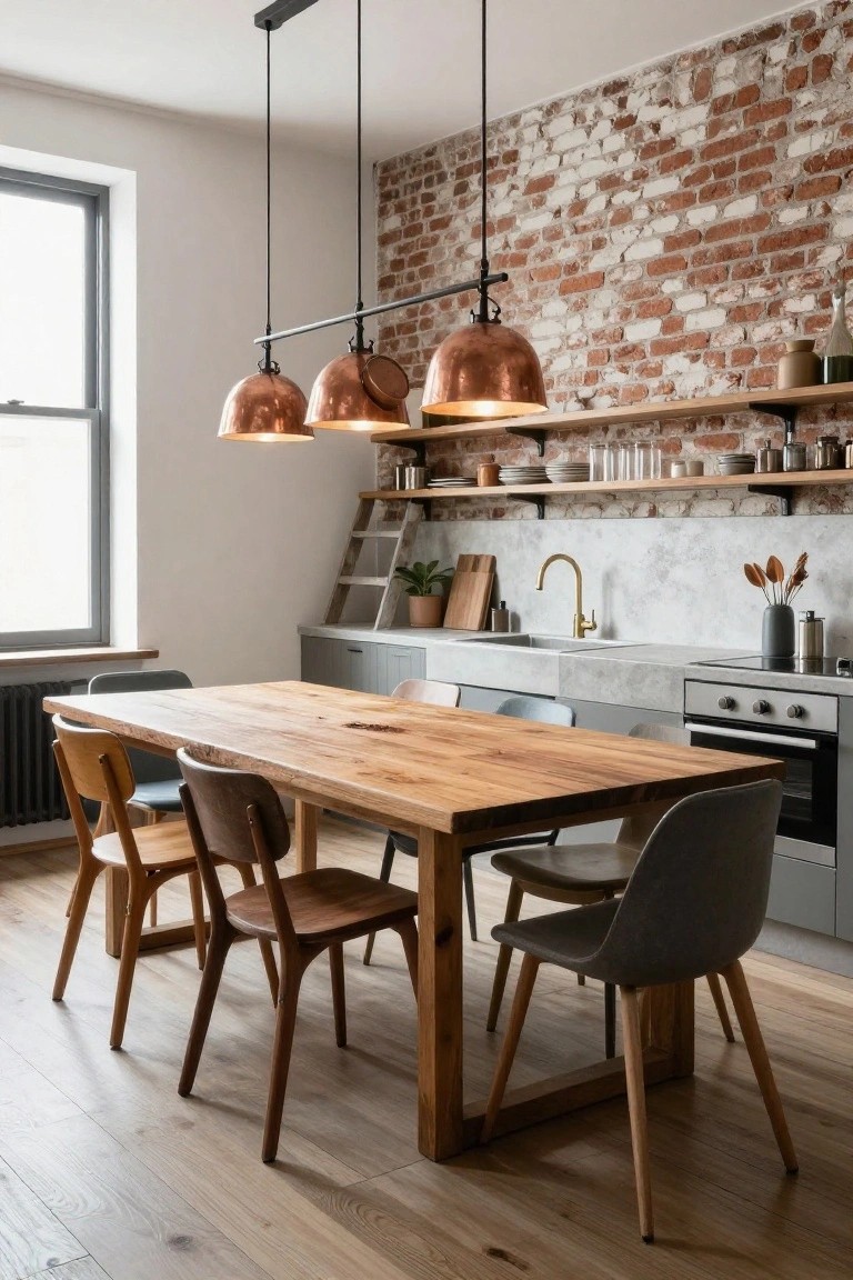 Modern kitchen with exposed red brick accent wall, three copper pendant lights over a long live-edge wooden dining table with mixed wood and gray upholstered chairs, gray cabinets, white countertops, and a large window.