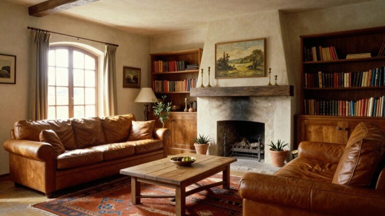 Living room interior with exposed wooden beams on the ceiling, stone fireplace, brown leather sofas, wooden coffee table, bookshelves, potted plants, and an arched window with white curtains.