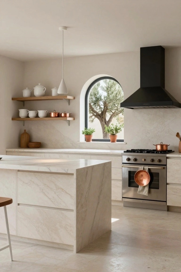 Light veined marble kitchen island and cabinets with wooden open shelves holding white ceramics and copper cookware, stainless steel range under black hood, and arched window showing olive tree outside.