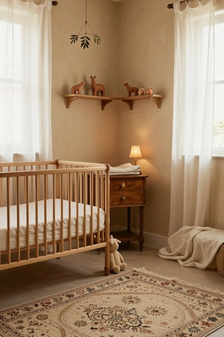 Nursery room featuring a wooden crib, wooden changing table with lamp, teddy bears on the floor, wooden shelves holding terracotta deer and pots, sheer curtains on windows, and a patterned rug on beige walls.