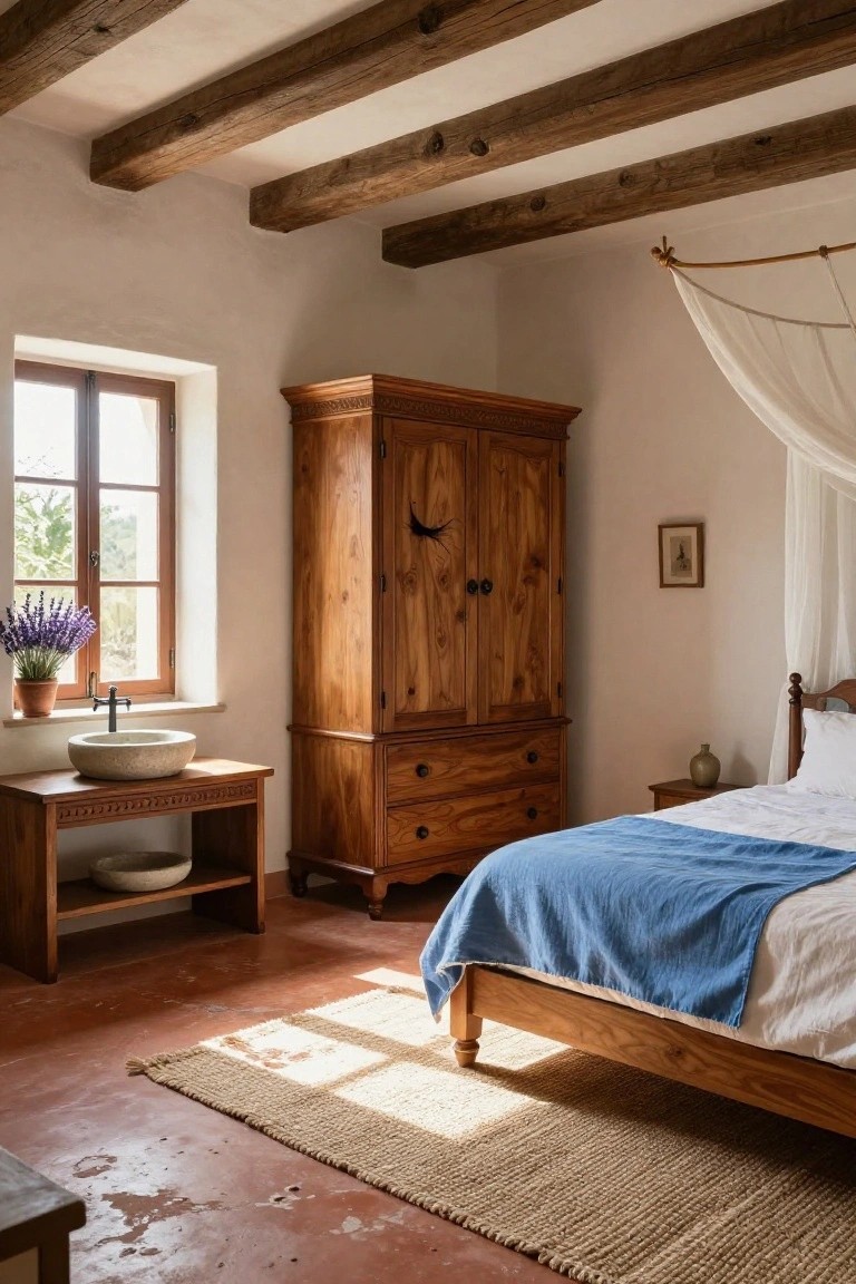 Sunlit bedroom with exposed dark wooden ceiling beams, tall wooden armoire, canopy bed draped in white mosquito netting over white sheets and blue blanket, wooden washstand sink, white walls, terracotta tile floor, seagrass rug, and window with lavender vase.