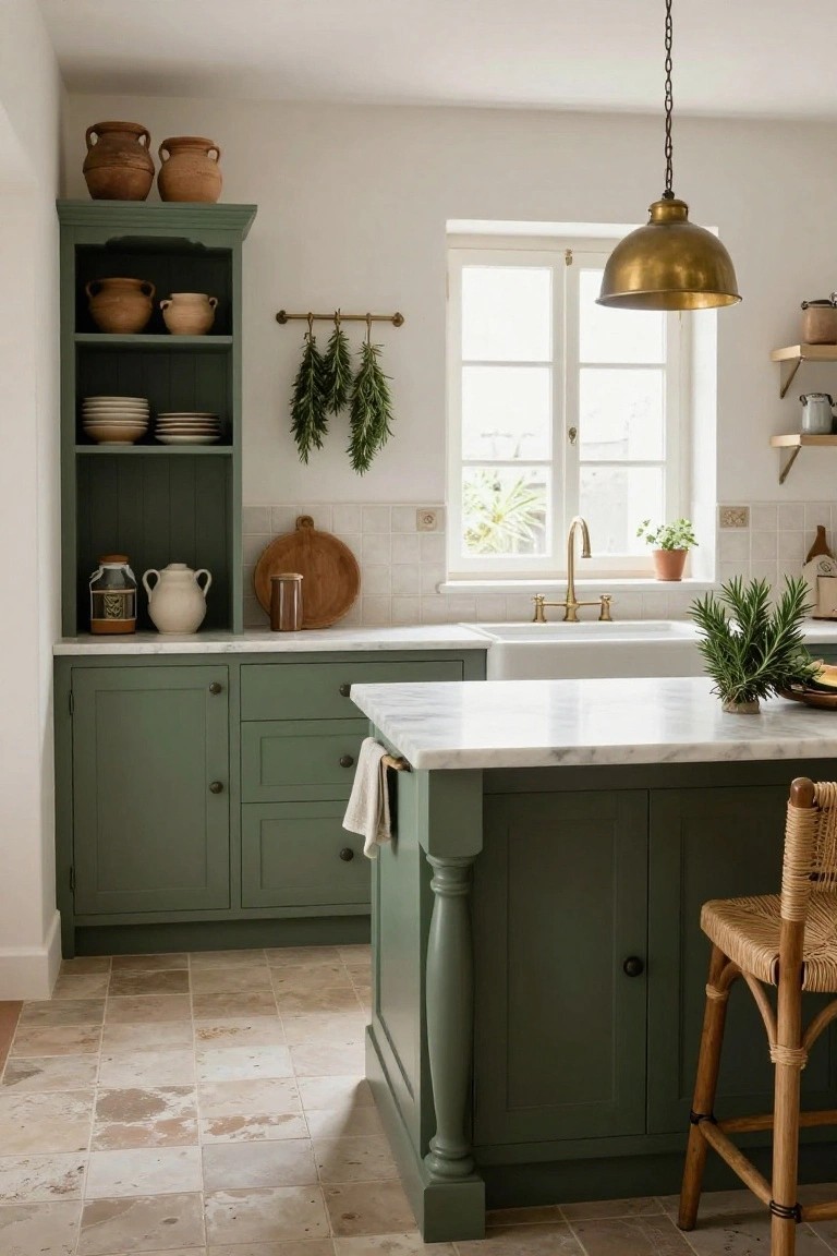Kitchen interior with sage green painted cabinets, white marble island and counters, brass pendant light, wooden stools, and potted herbs on counters and shelves.