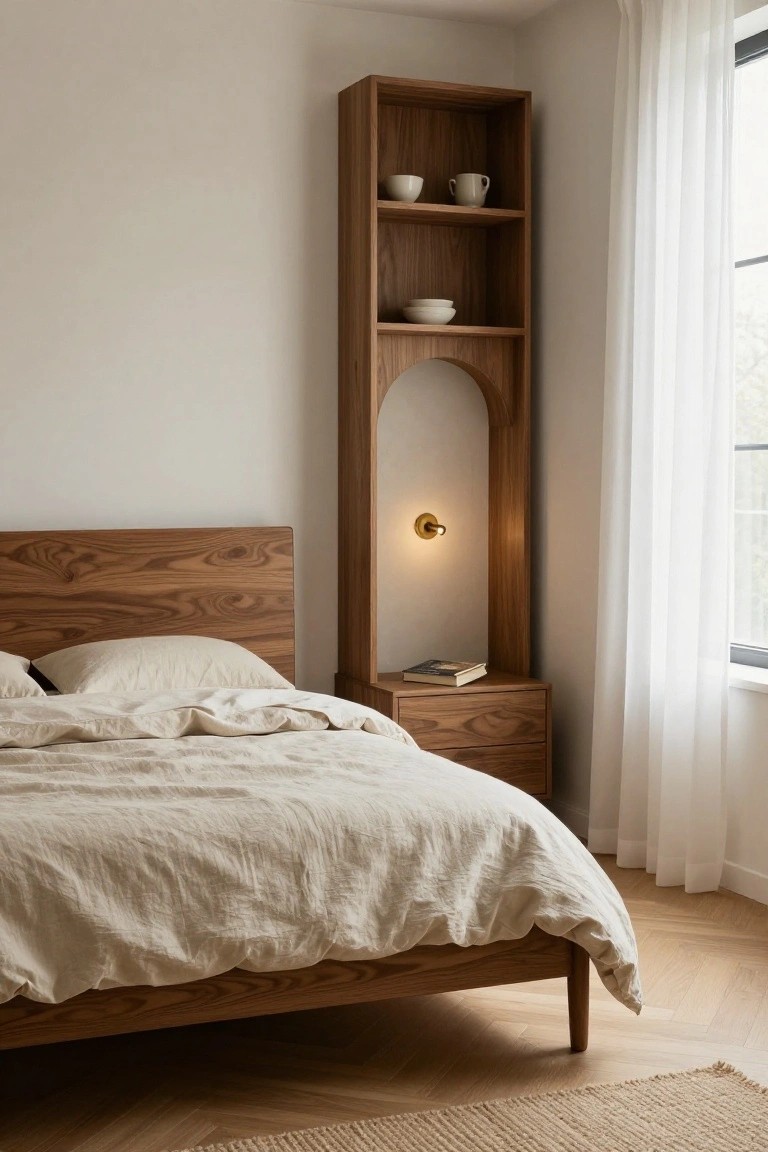 A bedroom corner with tall open walnut shelving unit featuring arched recess, brass sconce light, white ceramics on shelves, wooden bed with white linens, nightstand, and window with sheer curtains on light wood floors.