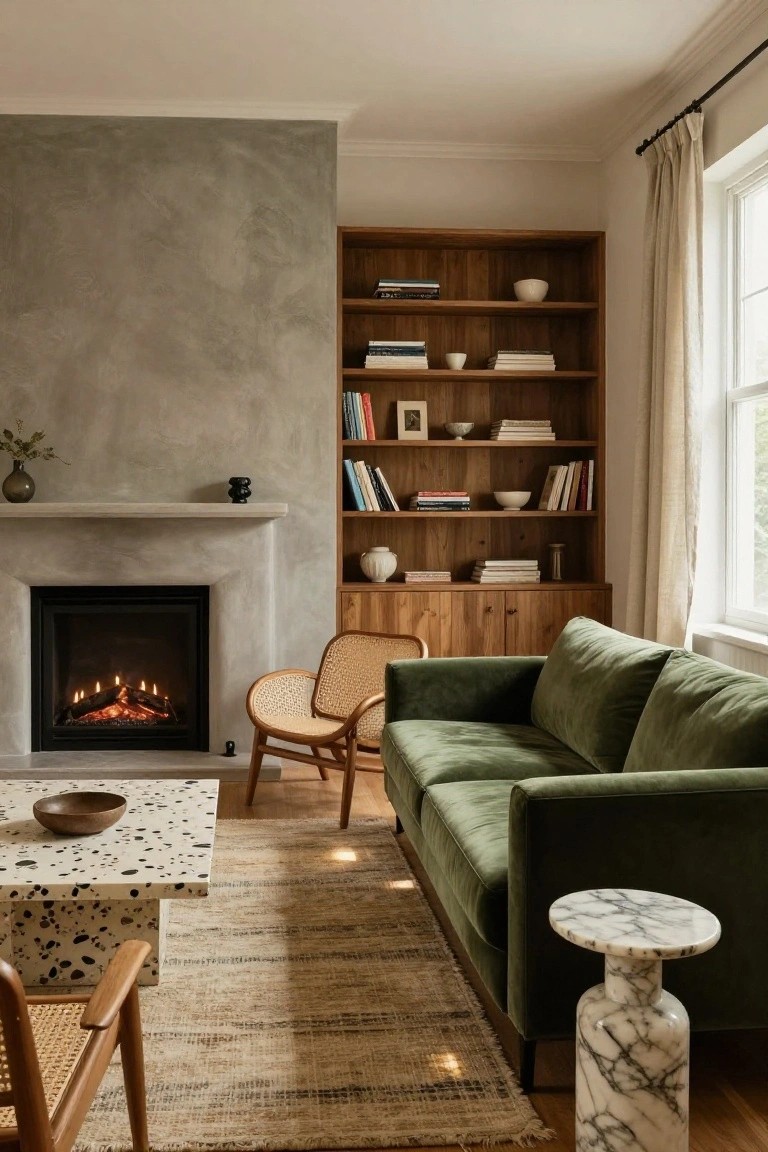 Living room corner with gray textured plaster wall and gas fireplace, flanked by wooden built-in bookshelves and cabinets, green velvet sofa, rattan chairs, terrazzo coffee table, and marble side table on hardwood floor.