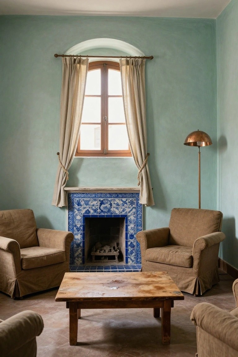 Light green walled room with arched window draped in cream curtains, blue tiled fireplace, two beige slipcovered armchairs, square rustic wooden coffee table, and tall copper floor lamp on terracotta floor.