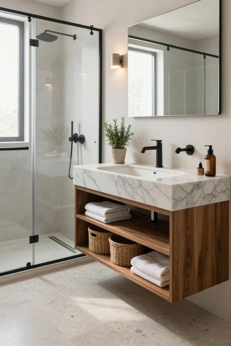 Contemporary bathroom with floating light wood vanity topped by white marble countertop, black matte faucet and shower hardware, glass enclosure, potted rosemary plant, and neutral tile floors.