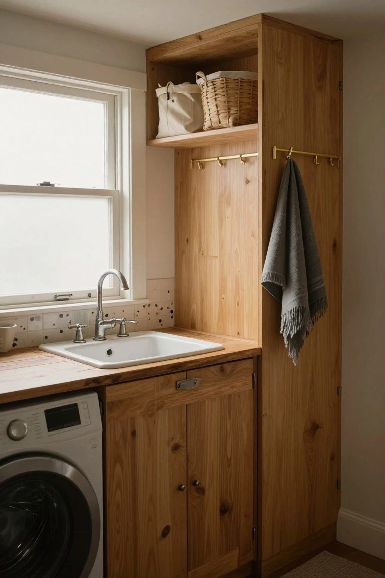 Laundry room with white front-loading washer, wooden countertop utility sink, and tall adjacent wooden cabinet unit featuring open shelves with fabric bags and baskets plus brass hooks holding gray towels, next to a window.