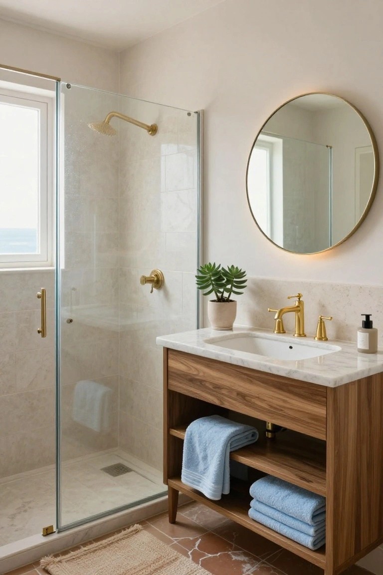A modern bathroom with a glass shower enclosure, wooden vanity cabinet with marble top and brass faucet, round brass mirror, potted succulents, and folded blue towels on open shelves.