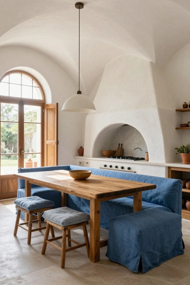 White plaster kitchen with arched walls and chimney, blue-upholstered L-shaped banquette around wooden dining table, wooden stools, gas stove, and open shelves.