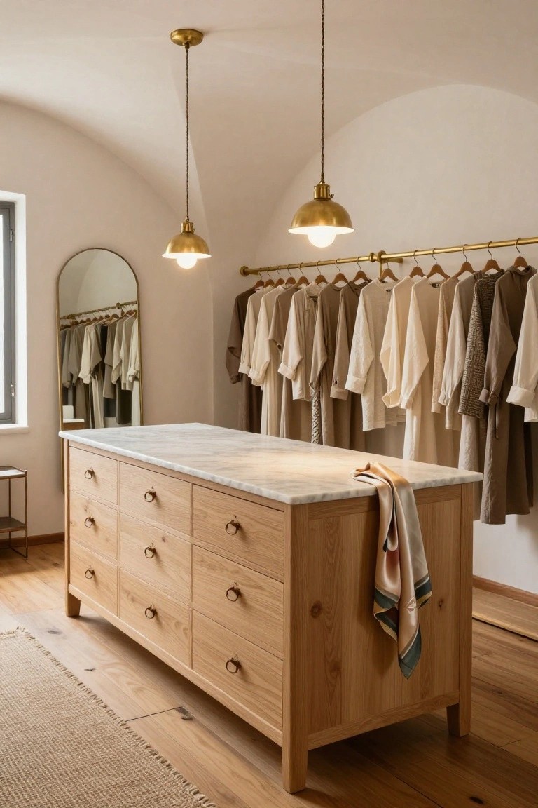 Walk-in closet with arched white ceiling, gold clothing rail holding beige and white garments, arched gold mirror reflecting clothes, two brass pendant lights, and central oak wood dresser topped with white marble and draped colorful scarf on wood floor with beige rug.