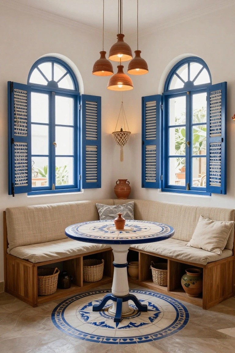 Corner indoor seating nook with beige cushioned wooden benches around a blue and white tiled round pedestal table, blue shuttered arched windows, hanging pendant lights, and terracotta pots on tiled floor.