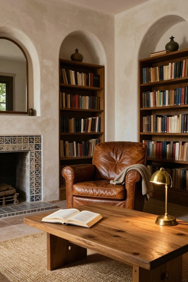 Interior view of a room with beige plaster walls, arched built-in bookshelves filled with books, a tan leather armchair with a throw blanket next to a tiled fireplace, a wooden coffee table holding an open book, and a brass desk lamp on a seagrass rug.