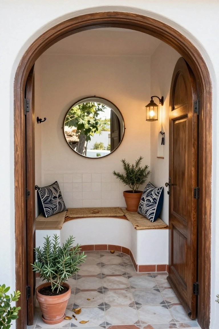 Curved white bench with navy patterned cushions in a tiled nook under open wooden arched doors, with potted plants, a round mirror, and wall lantern.