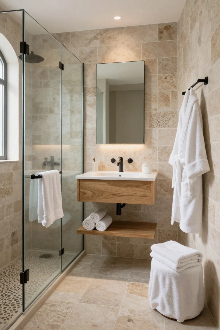 Beige travertine-tiled bathroom with frameless glass shower enclosure, floating wooden vanity, black fixtures, white towels and robes on rails and stool.