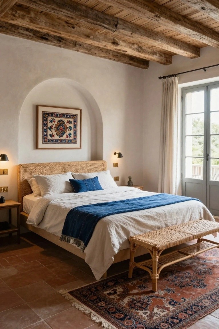 Bedroom with exposed wooden beam ceiling, white curved walls, rattan bed with white linens and blue throw, bedside tables, bench, Persian rug on terracotta floor, and French doors to balcony.
