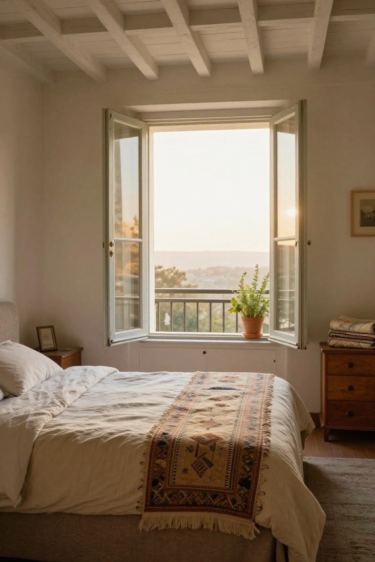 White bedroom with exposed wooden beam ceiling, large open French windows and shutters on balcony overlooking hills at sunset, bed draped in white linens with patterned runner, potted plant on windowsill, wooden nightstand and dresser.