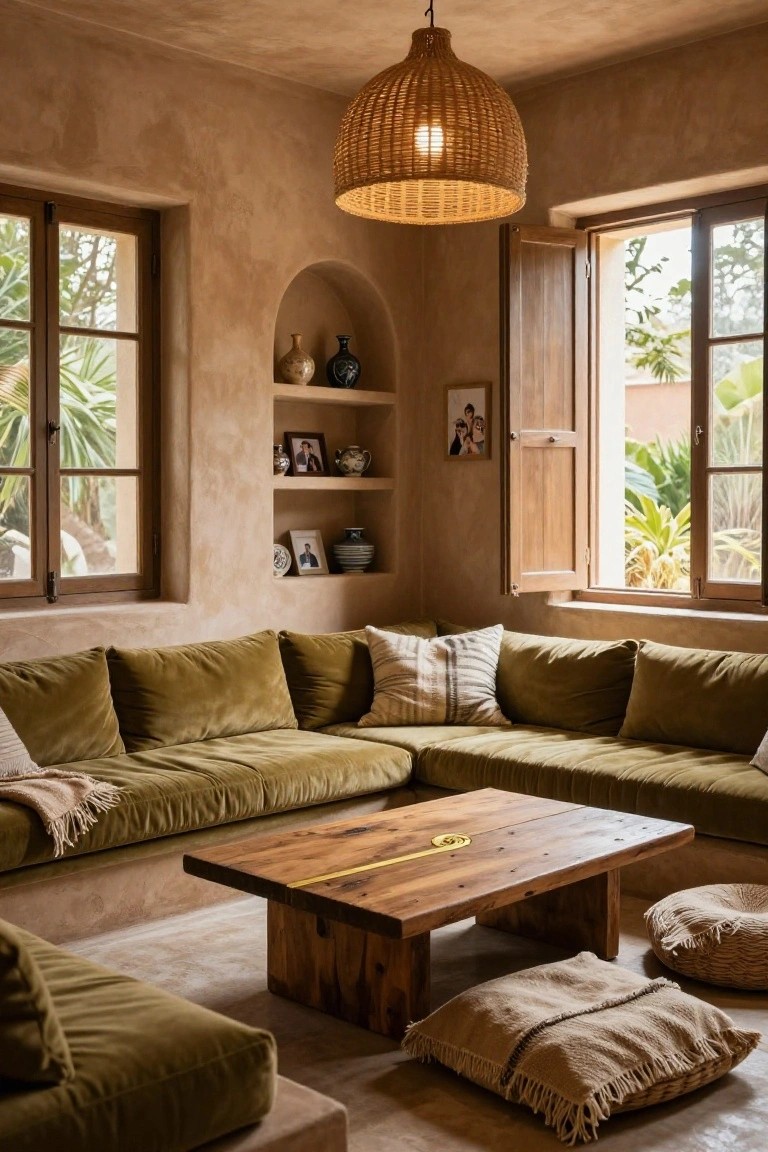 Cozy living room interior with olive green velvet L-shaped sofa, low rectangular wooden coffee table with gold inlay, beige floor cushions, arched wall niches holding pottery and photos, rattan pendant light, and open wooden shutters revealing greenery outside.