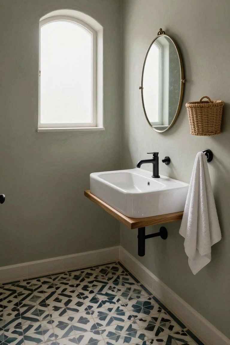 Corner of a small bathroom with greige walls, arched window, brass round mirror, wall-mounted white sink with black faucet on oak shelf, white towel on black hook, and black-and-white geometric patterned floor tiles.