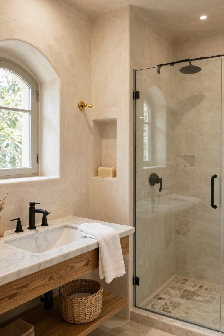 Beige textured plaster walls in a bathroom with wooden vanity topped by white marble sink, glass shower enclosure with niche shelf, and arched window showing greenery outside.