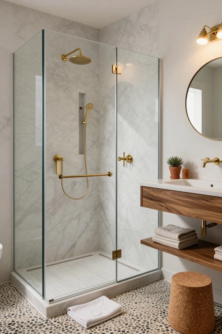 Modern bathroom with frameless glass walk-in shower featuring gold brass rain showerhead, handheld sprayer, grab bar, marble tile walls and niche, floating wood vanity, round mirror, potted succulent, towels, and pebble floor.
