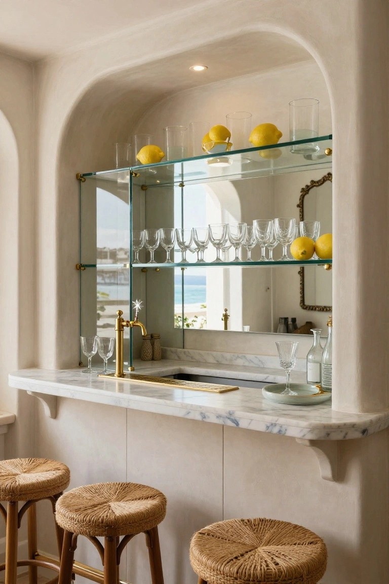 Beige arched interior niche with gold-trimmed glass shelves holding lemons and stemware, marble countertop bar with sink and faucet, rattan bar stools, and ocean view through adjacent windows.