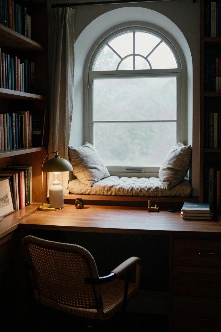 Wooden library interior with built-in bookshelves around an arched window featuring a cushioned bench seat, wooden desk with green lamp and vase, rattan chair, and stacked books.
