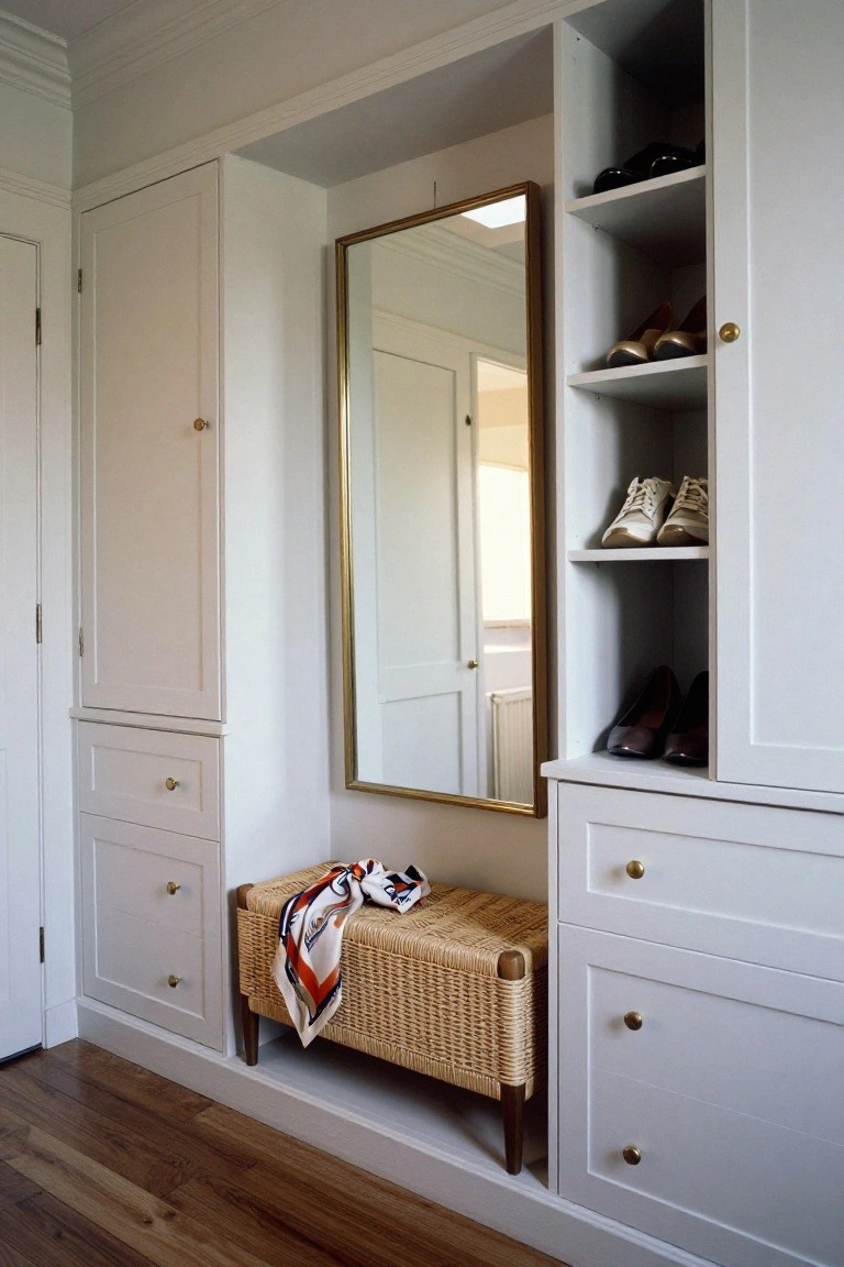 White built-in wardrobes flanking a tall gold-framed mirror, featuring open shoe shelves on one side, closed doors and drawers on the other, a wicker bench with draped scarf, and hardwood flooring in a dressing area.