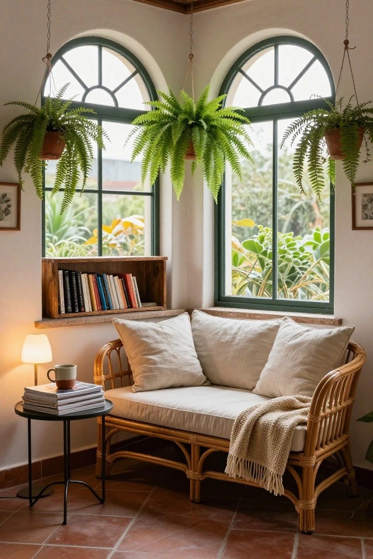 Cozy indoor corner reading nook with rattan loveseat under two arched green-frame windows, wooden bookshelves built into the sill, hanging ferns, side table with mug and stacked magazines, and terracotta tile floor.
