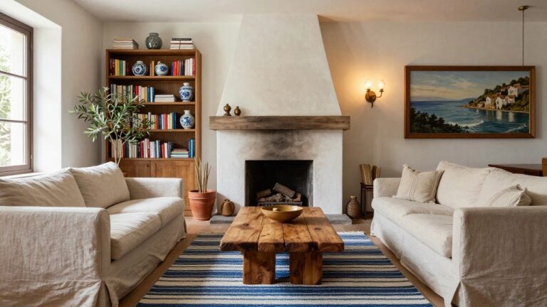 Living room with beige linen sofa, large rustic wooden coffee table holding a wooden bowl, white stucco fireplace with built-in shelves displaying pottery and plants, olive tree in terracotta pot, and blue and white striped rug on wood floor.