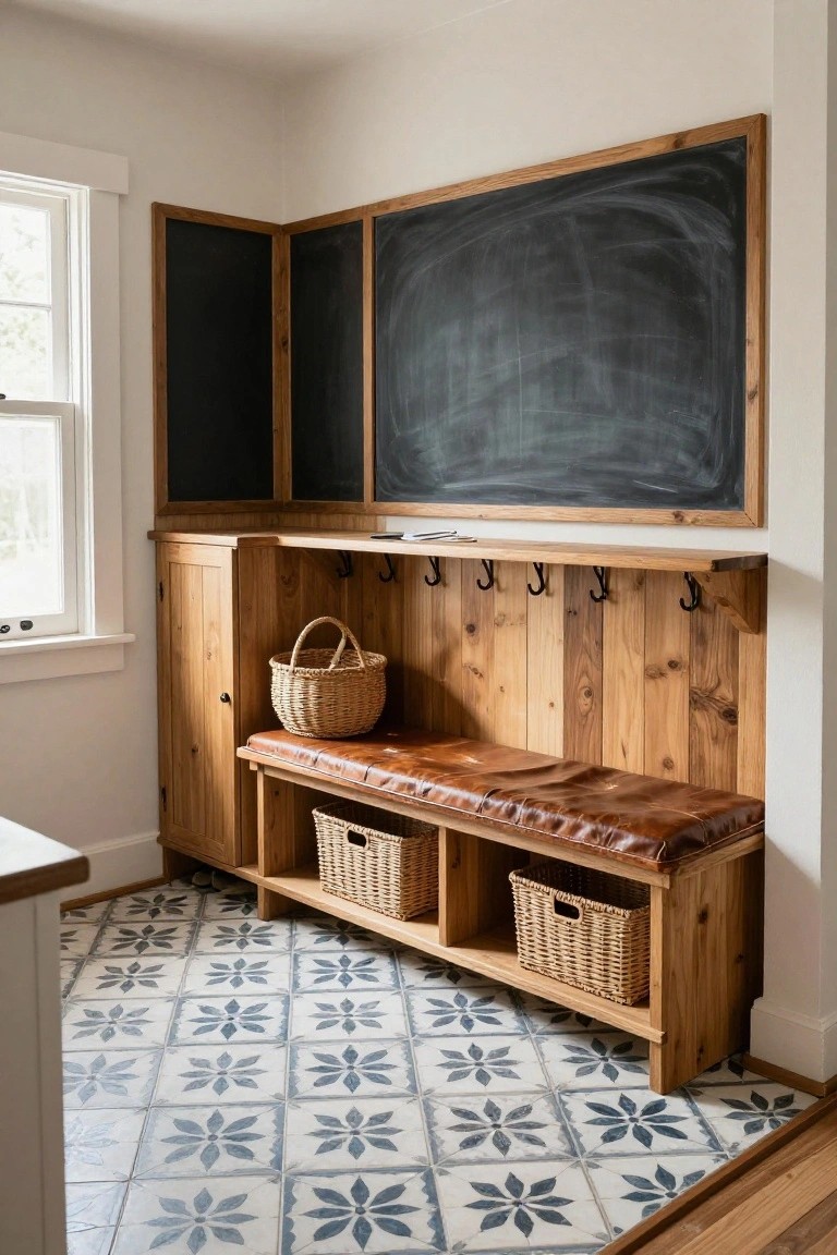 Corner indoor mudroom with wooden built-in bench featuring brown leather cushion, wicker baskets in cubbies below, wall-mounted hooks, chalkboard panels, and blue star-patterned tile floor.