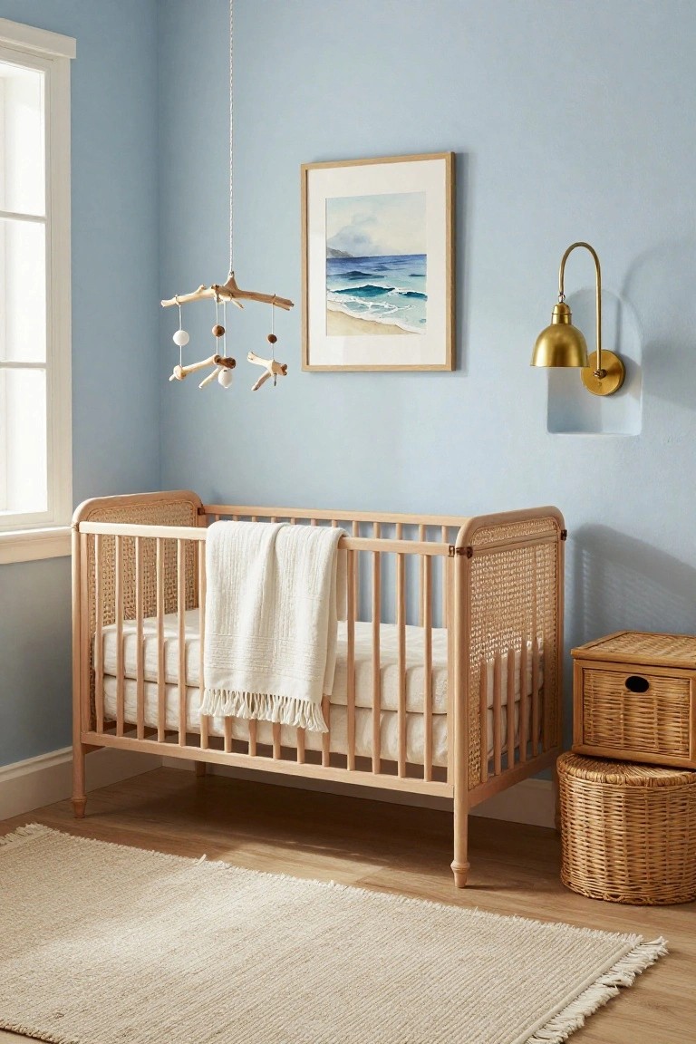 Light blue nursery with white rattan crib draped in white blankets, wooden mobile, beach watercolor painting, gold wall sconce, wicker storage, and neutral rug on wood floor.