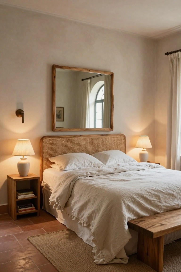 Bedroom interior with rattan headboard, white linen bedding on the bed, white ceramic lamps on wooden nightstands with books, large wooden-framed mirror on wall, wall sconce, white curtains on arched window, wooden bench, and terracotta tile floor.