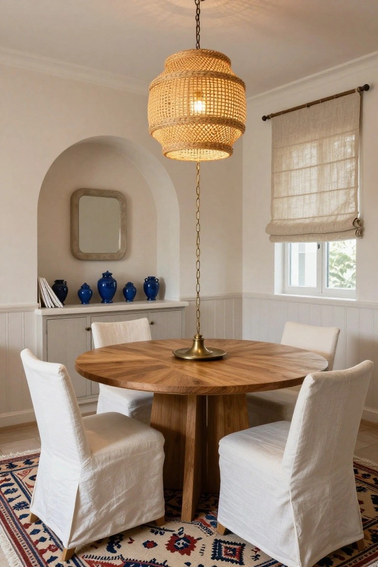A cozy dining room with a round wooden pedestal table, four white slipcovered chairs, a large hanging rattan pendant light, blue ceramic vases on a cabinet under an arched niche with a mirror, sheer curtains, and a patterned rug.