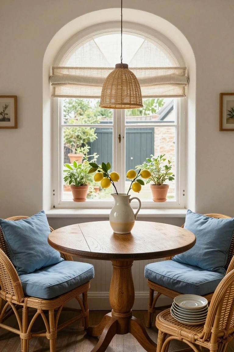 Round wooden table with two rattan chairs and blue cushions in front of an arched window holding potted plants, lemon branches in a white pitcher, and a woven pendant light above, in a white-walled room.