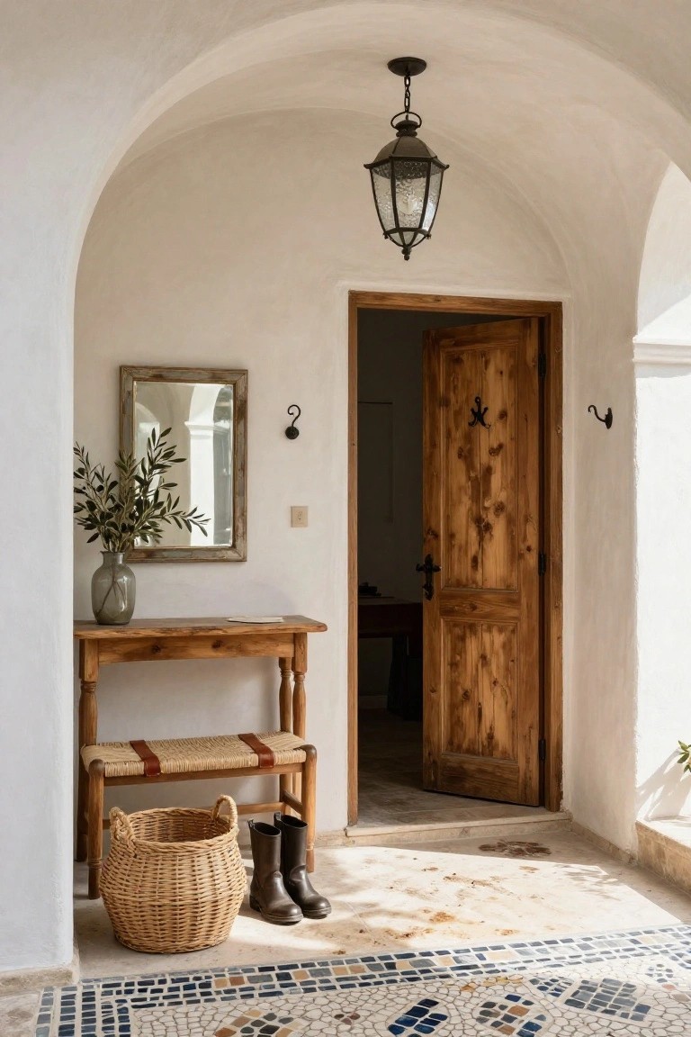 White arched interior entryway with wooden console table topped by glass vase of olive branches and flanked by antique-style mirror, woven bench below with leather straps, wicker basket, rubber boots on tiled floor, and ajar wooden door revealing glimpse of room beyond.