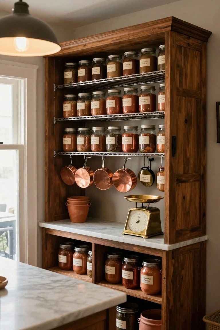 Tall wooden cabinet with open wire shelves holding labeled glass jars of spices and pantry items, hanging copper pots, terracotta planters, brass scale on marble countertop, and window in background.
