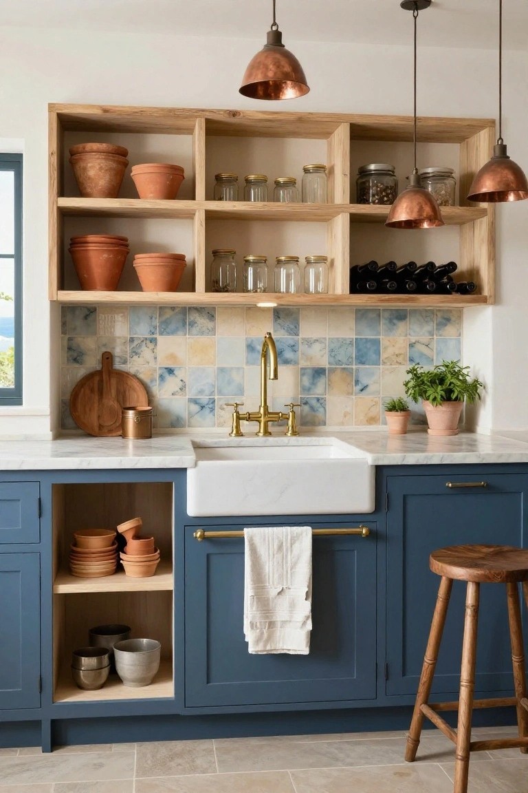 Kitchen with navy blue lower cabinets, white farmhouse sink, brass faucet, blue and white veined tile backsplash, wooden open shelving unit above the sink filled with terracotta pots, glass jars, wine bottles, and plants, copper pendant lights, wooden stool, and window with outdoor view.