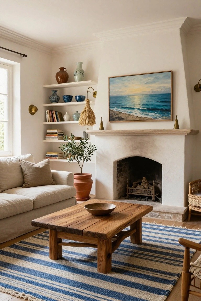 Living room with beige linen sofa, large rustic wooden coffee table holding a wooden bowl, white stucco fireplace with built-in shelves displaying pottery and plants, olive tree in terracotta pot, and blue and white striped rug on wood floor.