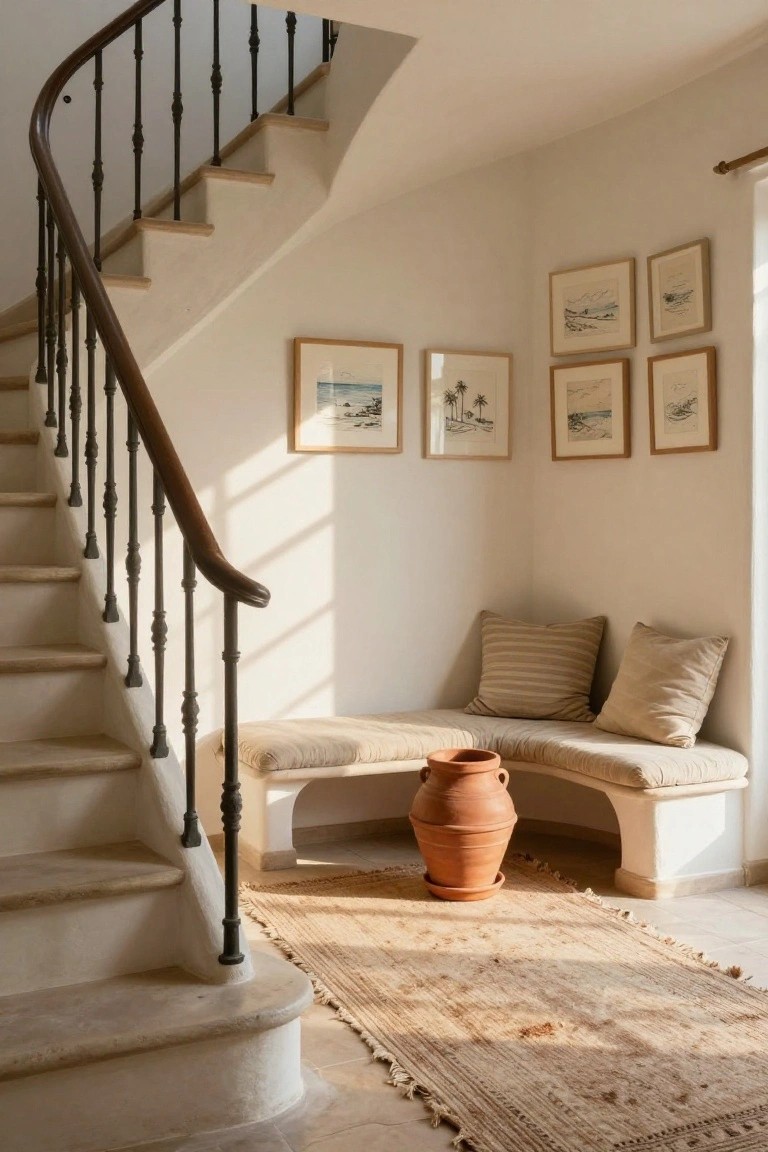 Curved white staircase with black wrought-iron railing in a light beige interior, featuring a built-in corner bench with beige cushions, large terracotta pot, woven rug, and framed coastal artwork on walls.