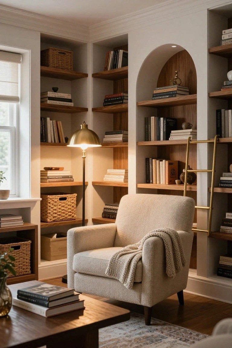 Cozy indoor reading corner featuring built-in wooden bookshelves with an arched wooden niche in white walls, a cream fabric armchair with knit throw, gold floor lamp, woven baskets, and books on shelves and a low wooden table.