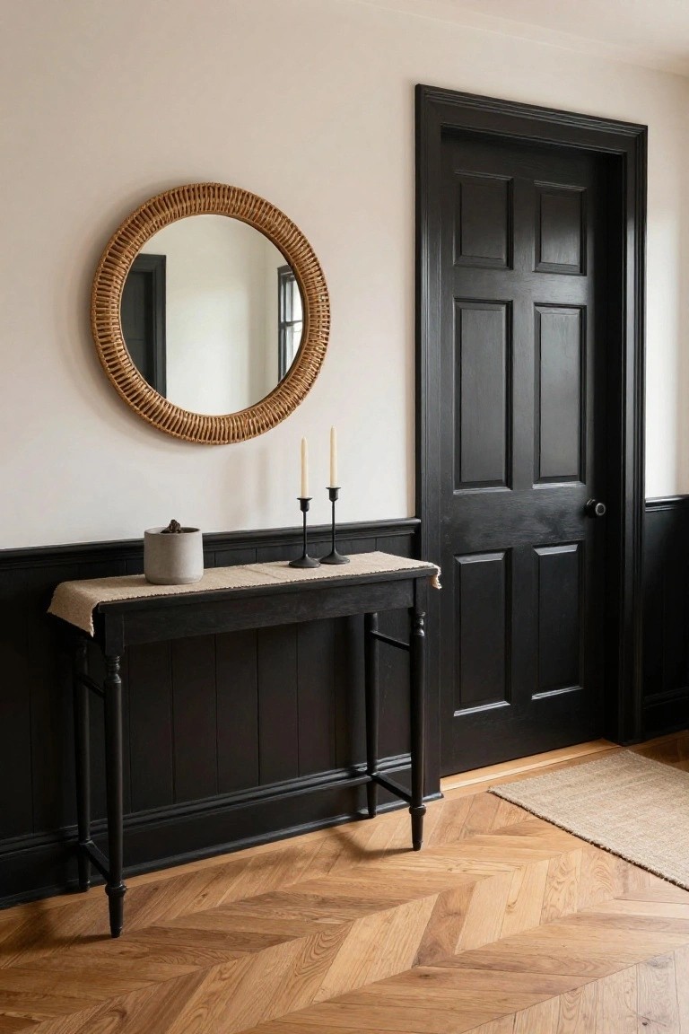 Entryway with black wainscoting on lower walls, slim black console table topped with burlap runner, concrete planter, and black candlesticks, round rattan mirror on wall beside black paneled door, and herringbone parquet flooring.